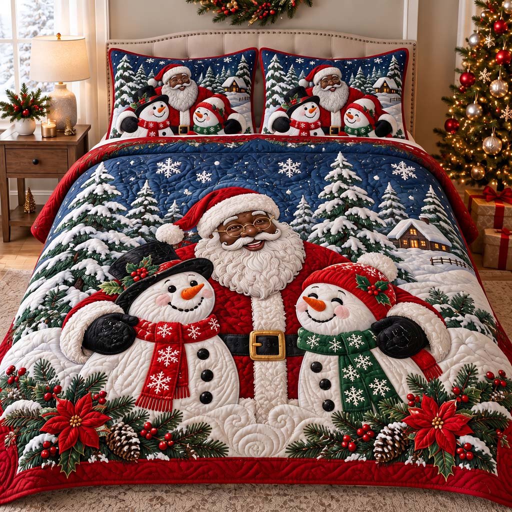 Black Santa Serenade Quilted Bedding Set Black Santa Claus Bedspread Set Holiday Gift