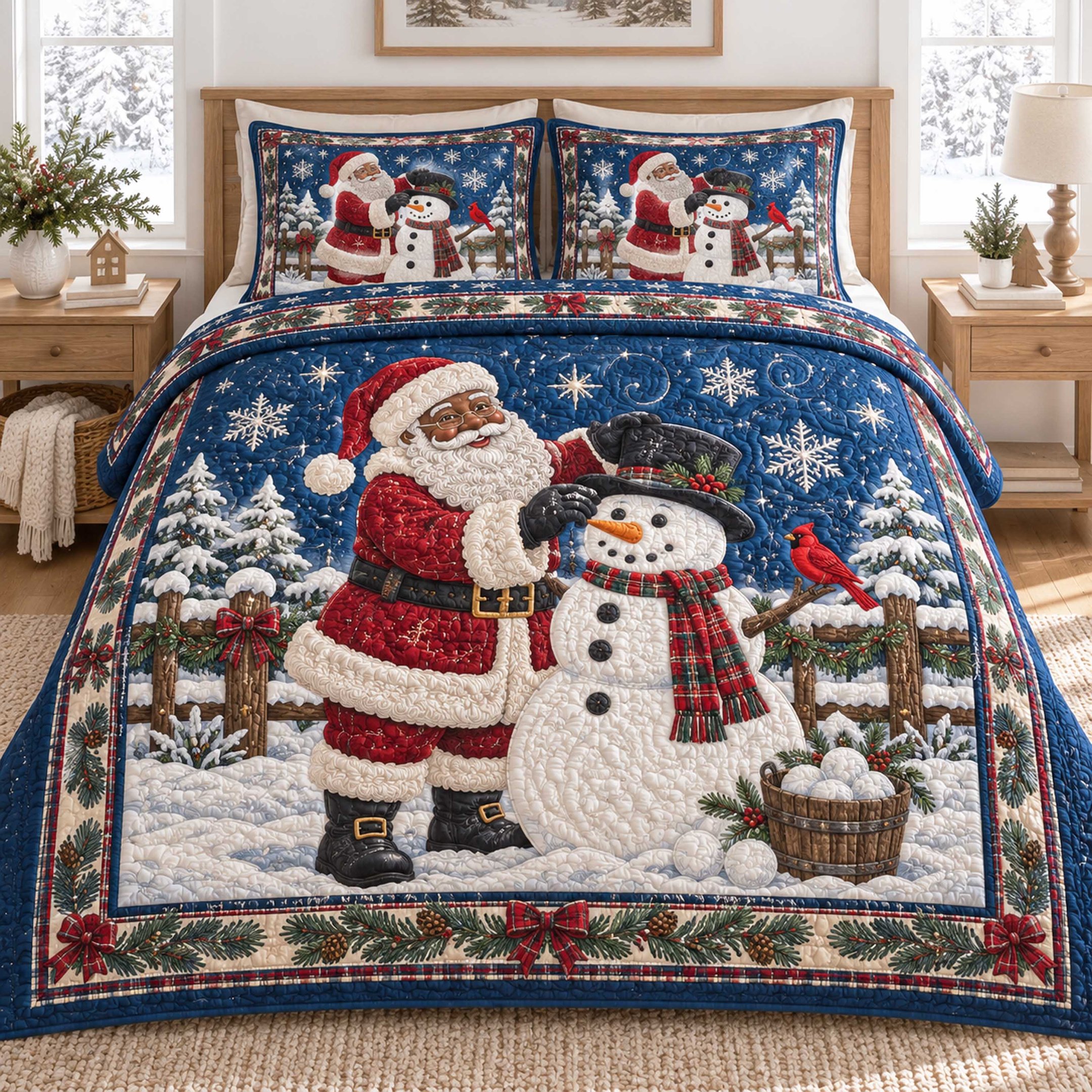 Black Santa Wonderland Quilted Bedding Set Afro Santa Bedspread Set Xmas Gift For Mom