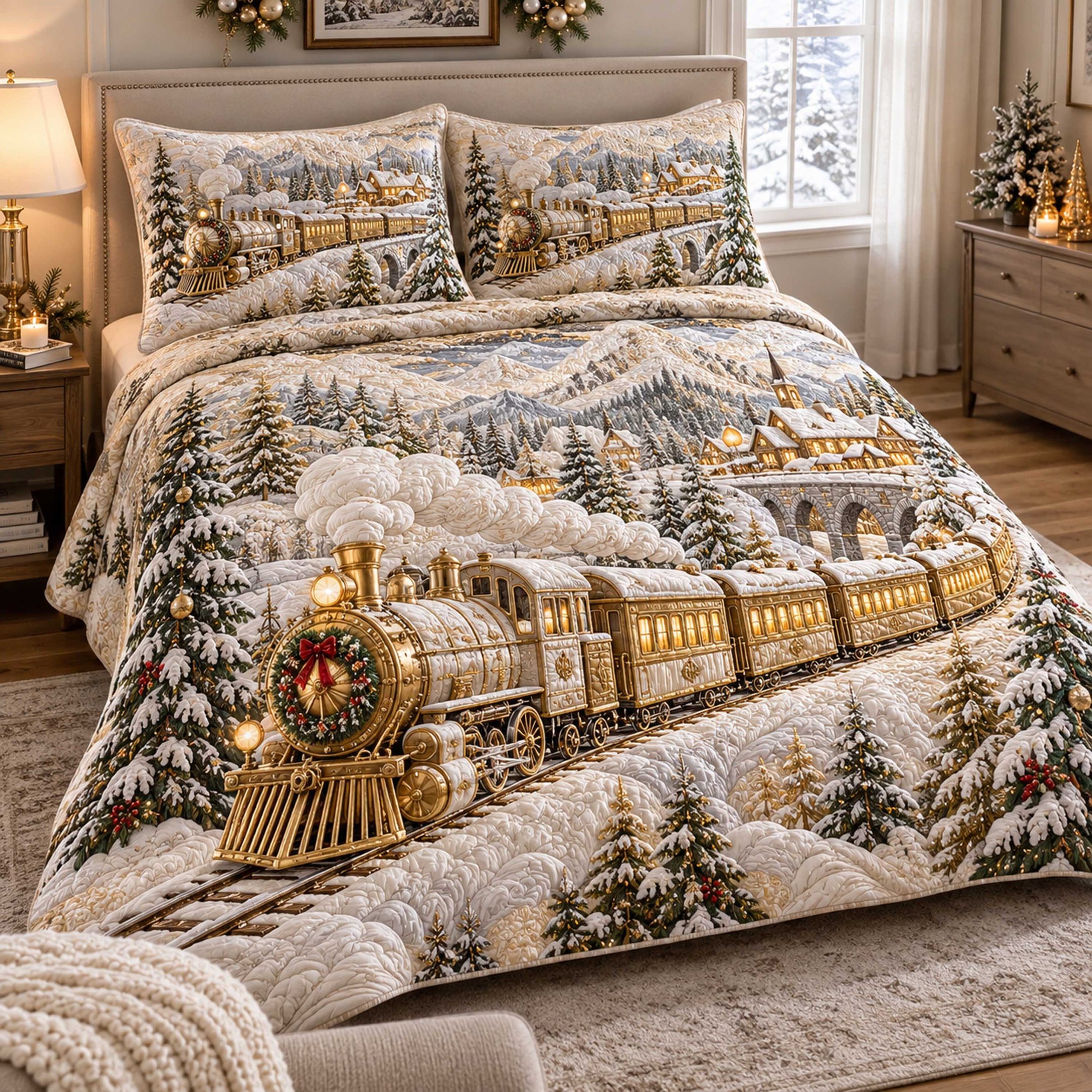 Christmas Railroad Quilted Bedding Set Farmhouse Christmas Bedspread Set Family Gift