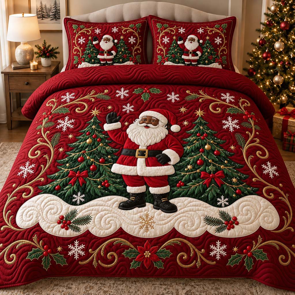 Black Santa Bliss Quilted Bedding Set Melanin Santa Bedspread Set Family Gift