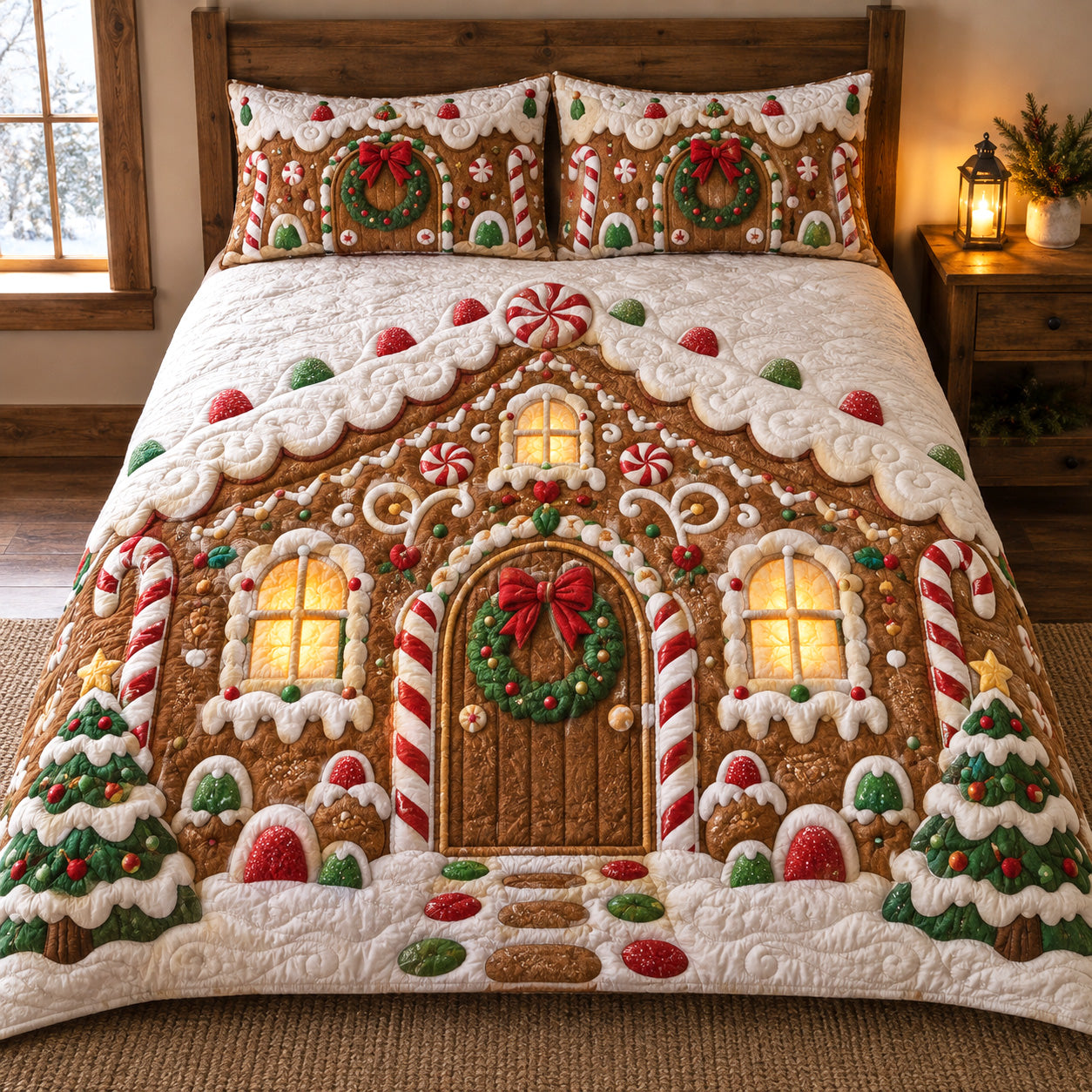 Gingerbread Cottage Quilted Bedding Set Gingerbread Candy Bedspread Set Holiday Gift