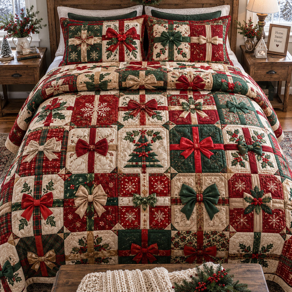 A Very Merry Patchwork Quilted Bedding Set Xmas Holiday Bedspread Set Holiday Gift