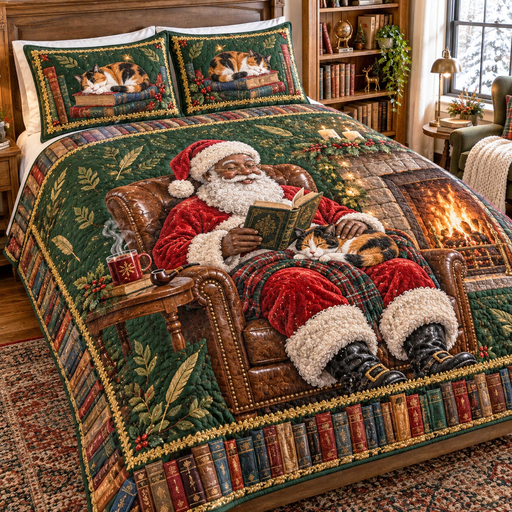 Black Santa Holiday Quilted Bedding Set African American Santa Bedspread Set Holiday Gift