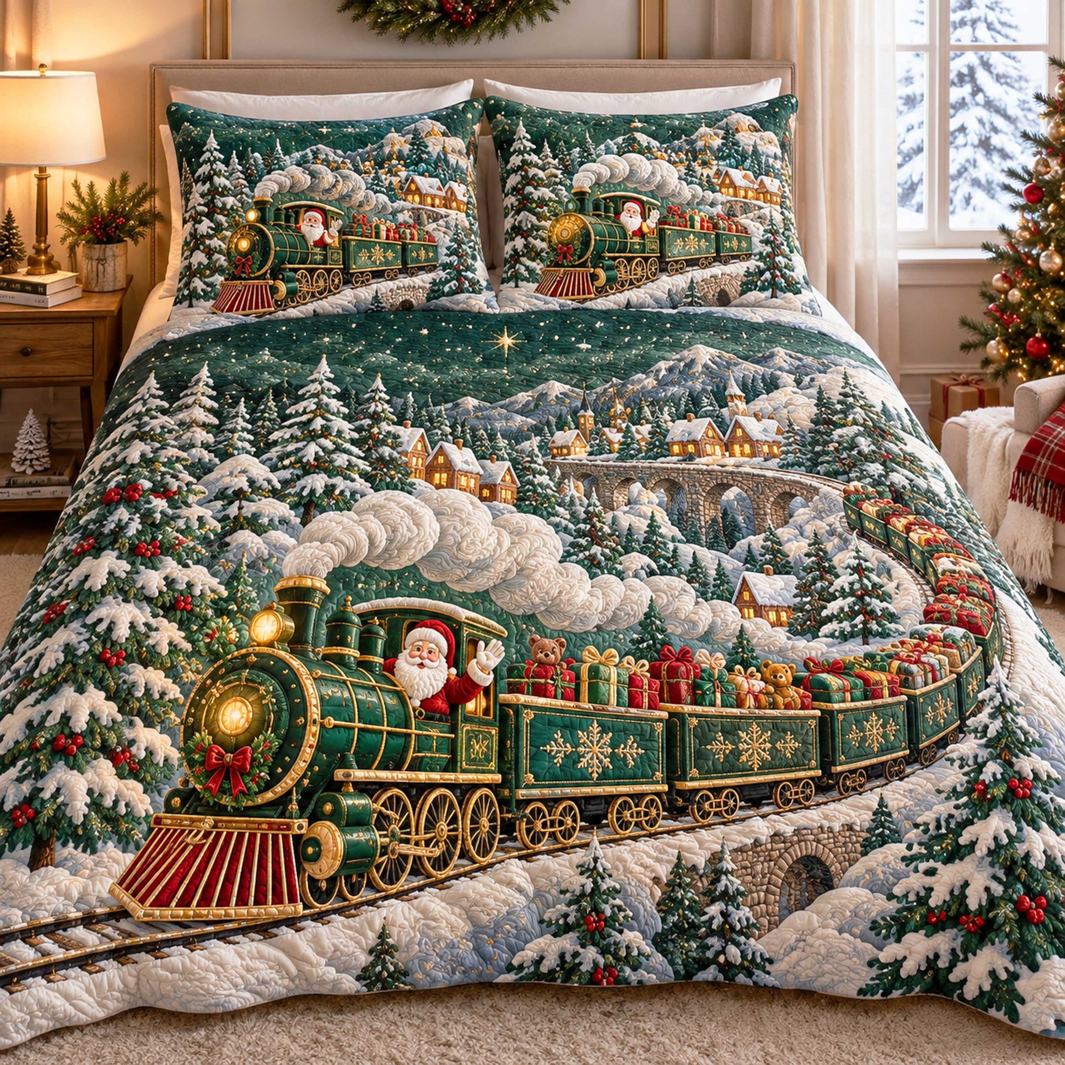 Santa Express Quilted Bedding Set Railroad Train Bedspread Set Train Lover Gift