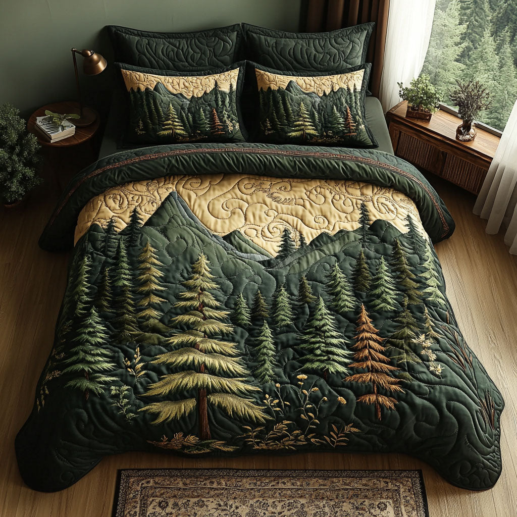 Into The Pines Quilted Bedding Set Evergreen Pine Bedspread Set Xmas Gift For Mom