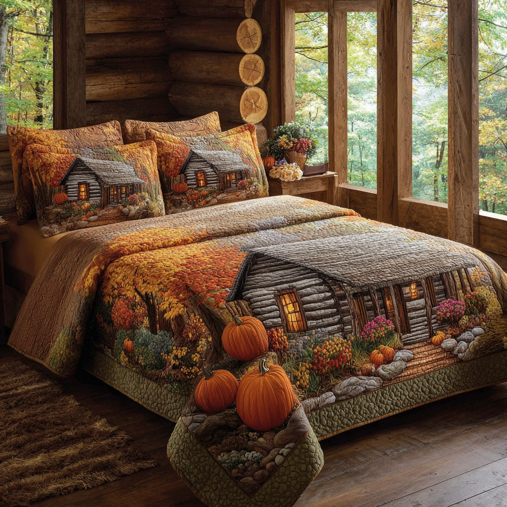 Harvest Cabin Quilted Bedding Set Rustic Fall Bedspread Set Fall Decor Gift