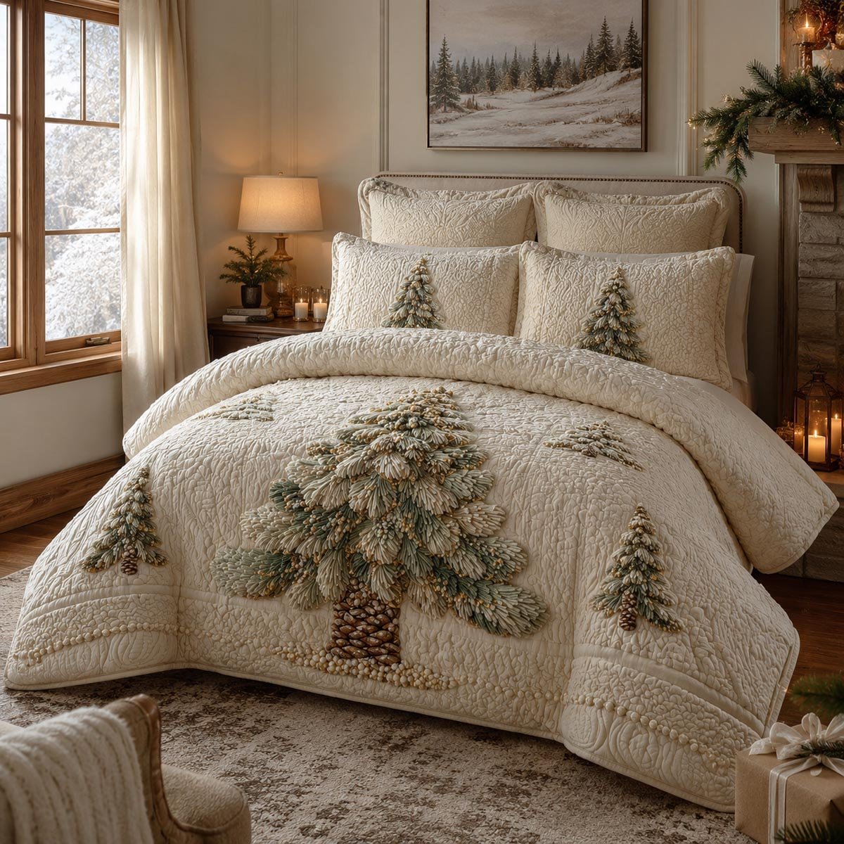 Snowy Evergreen Quilted Bedding Set Santa Claus Bedspread Set Holiday Gift