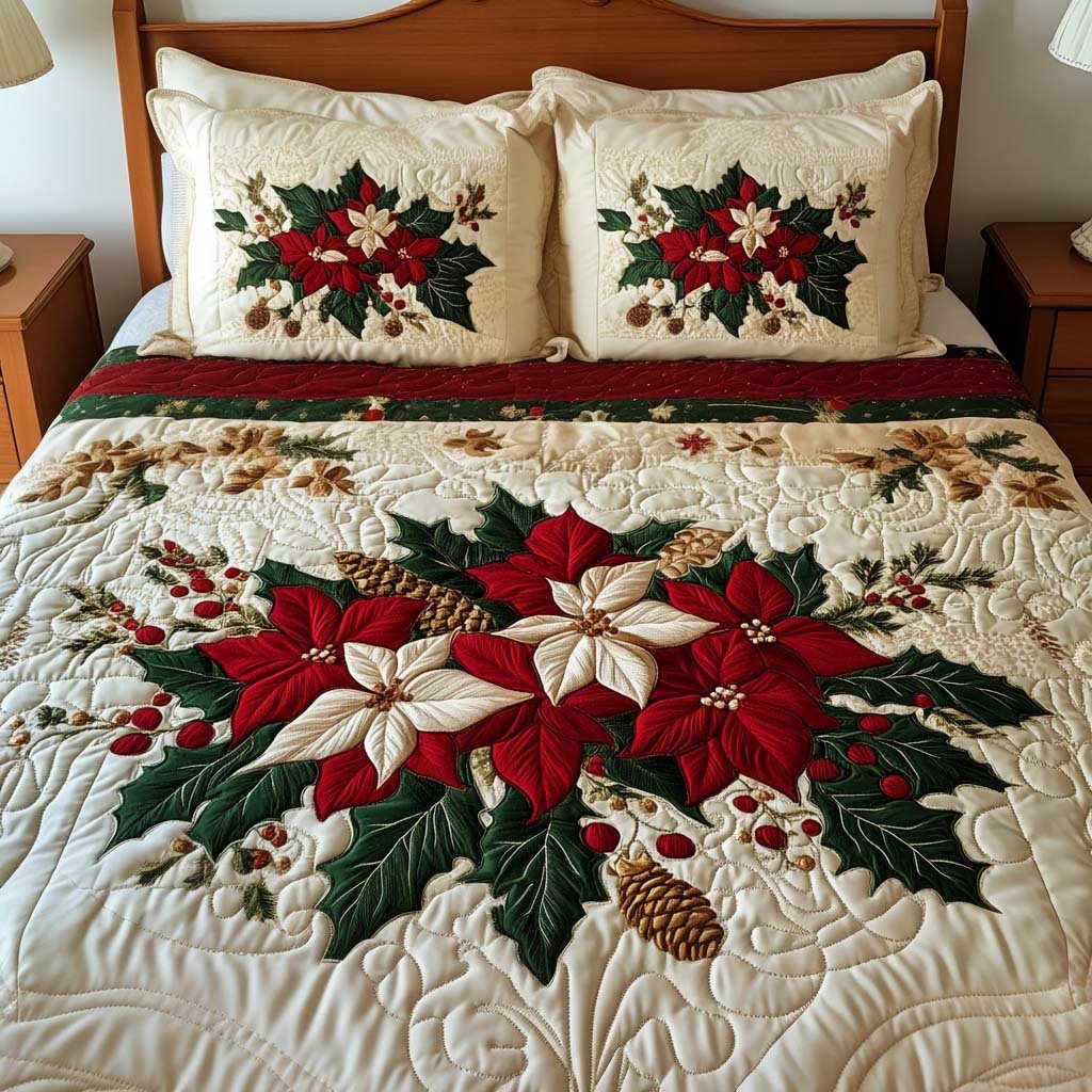 Poinsettia Charm Quilted Bedding Set Poinsettia Floral Bedspread Set Gift For Mom
