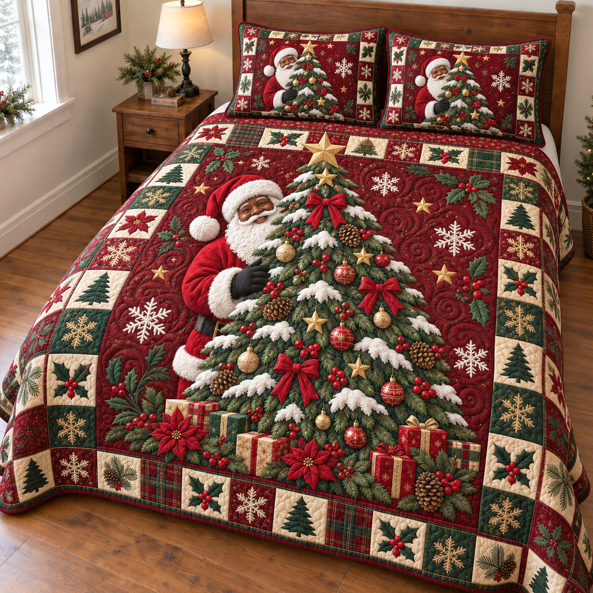 Christmas Evergreen Quilted Bedding Set Santa Claus Bedspread Set Holiday Gift