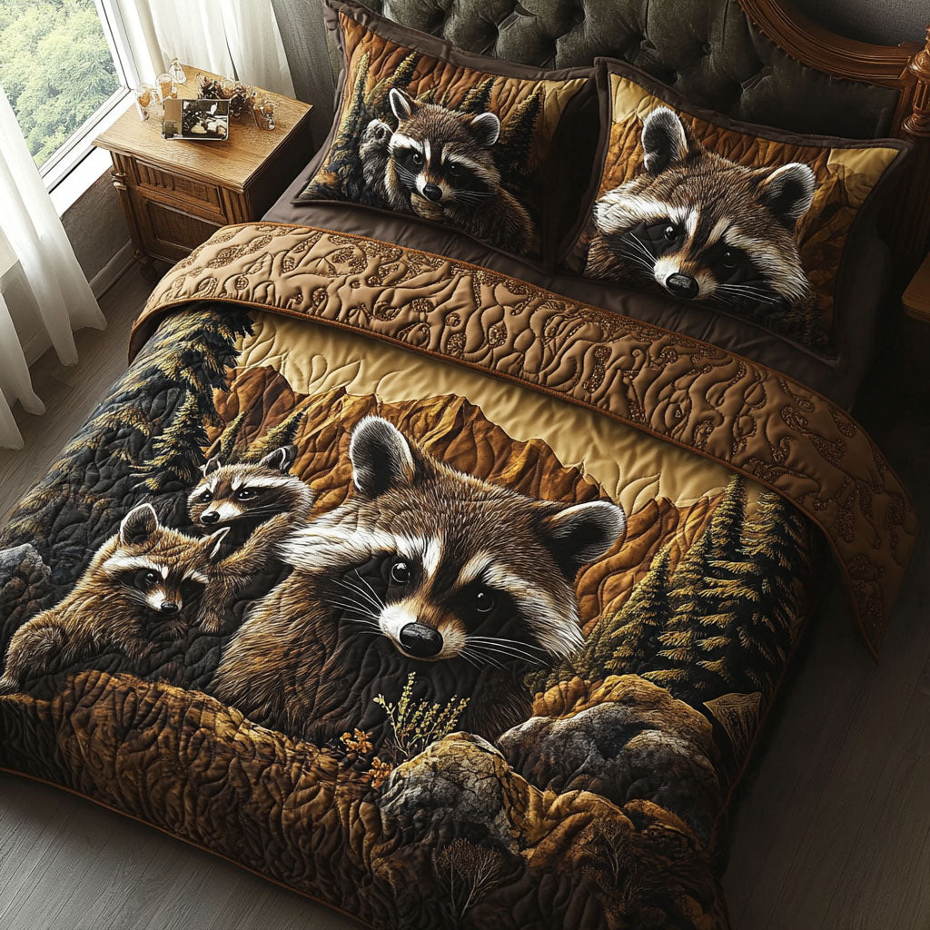 Raccoon Family Quilted Bedding Set Cute Animal Bedspread Set Nature Lover Gift