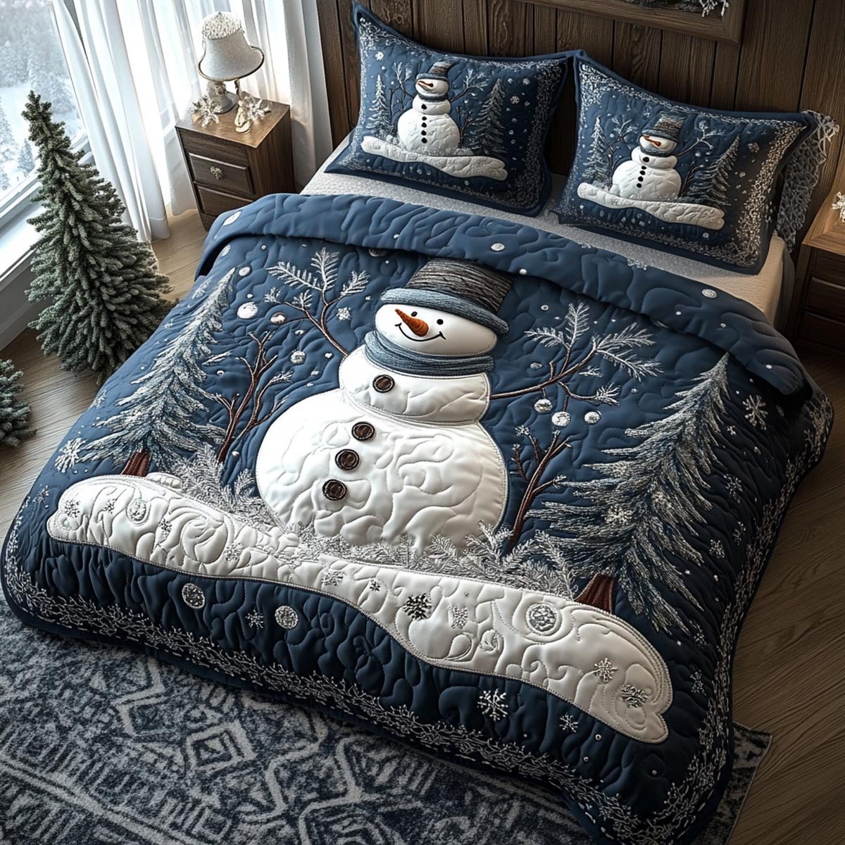 Blue Winter Snowman Quilted Bedding Set Cute Snowman Bedspread Set Family Gift