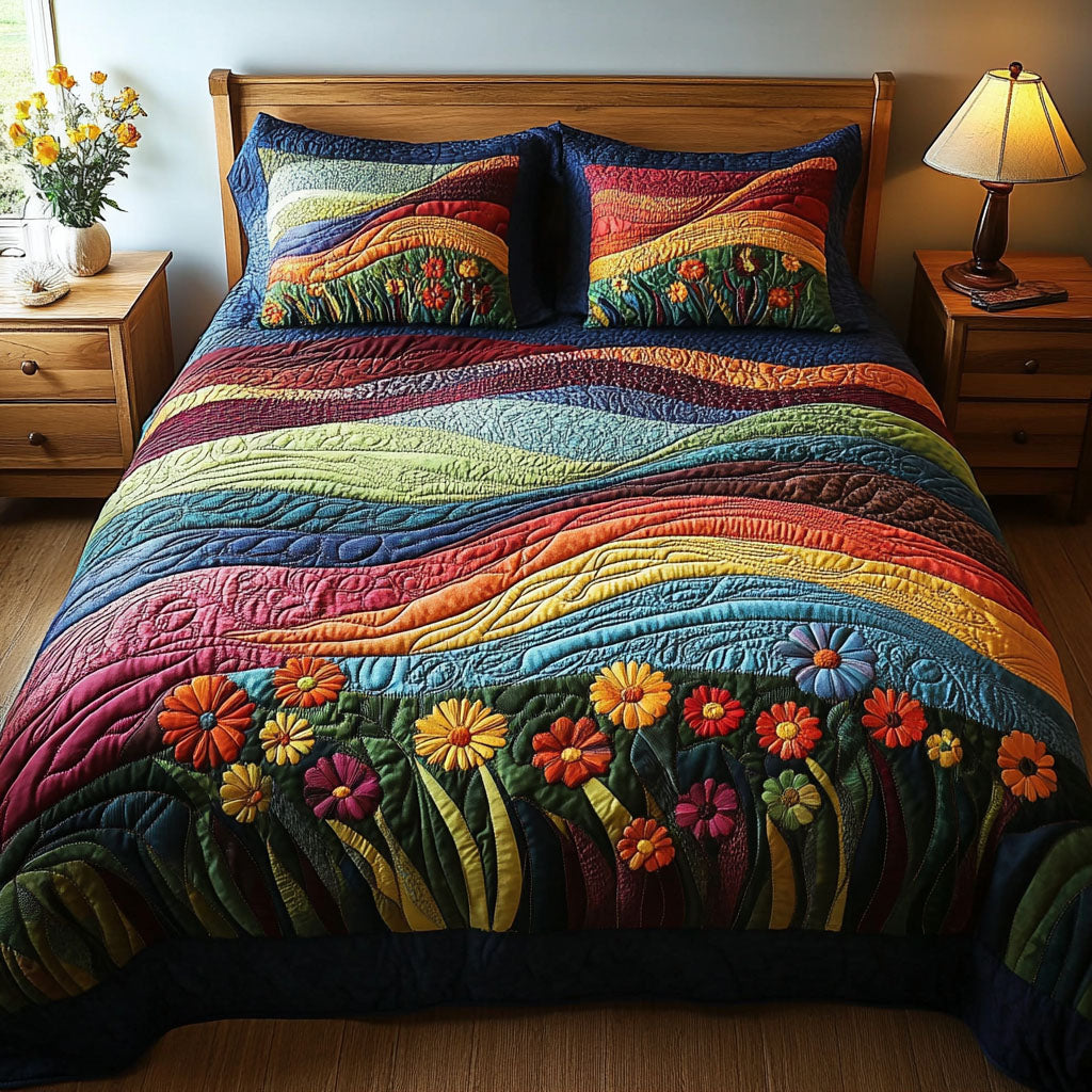 Colorful Wind Quilted Bedding Set Rustic Home Bedspread Set Bedroom Decor Gift