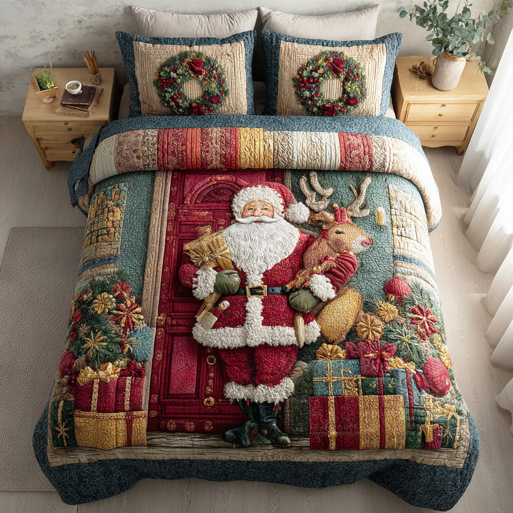 Santa Warm Welcome Quilted Bedding Set Jolly Santa Bedspread Set Xmas Gift