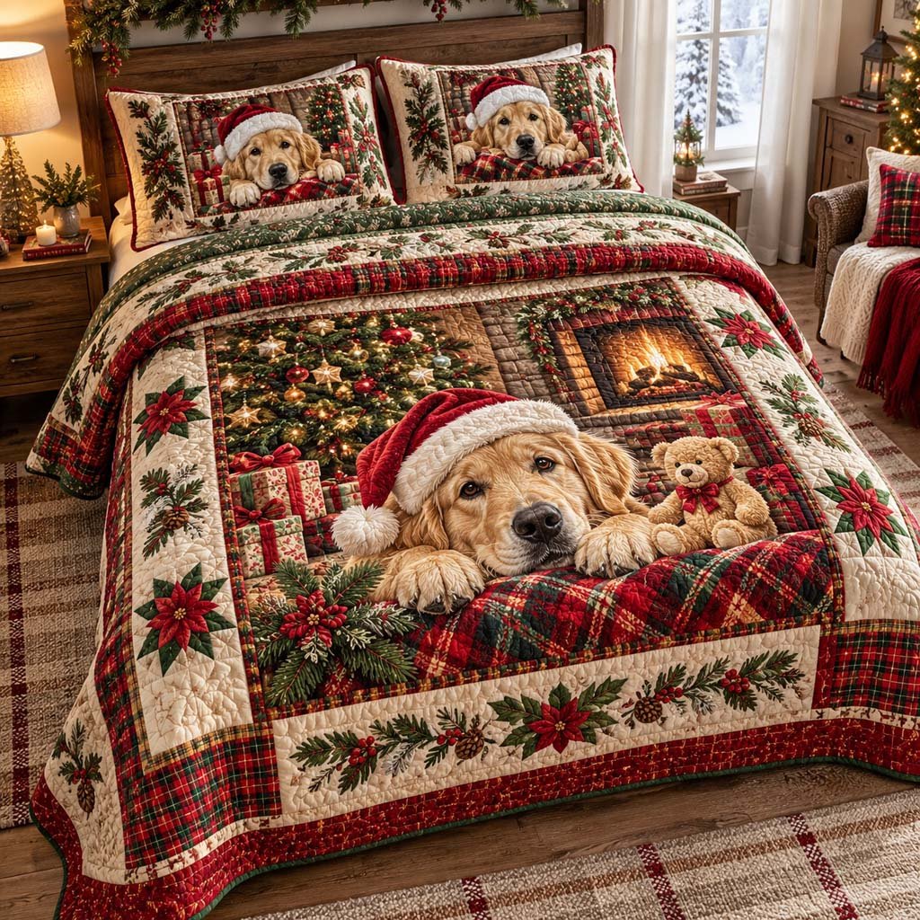 Fireside Golden Slumber Quilted Bedding Set Golden Retriever Dog Bedspread Set Dog Mom Gift