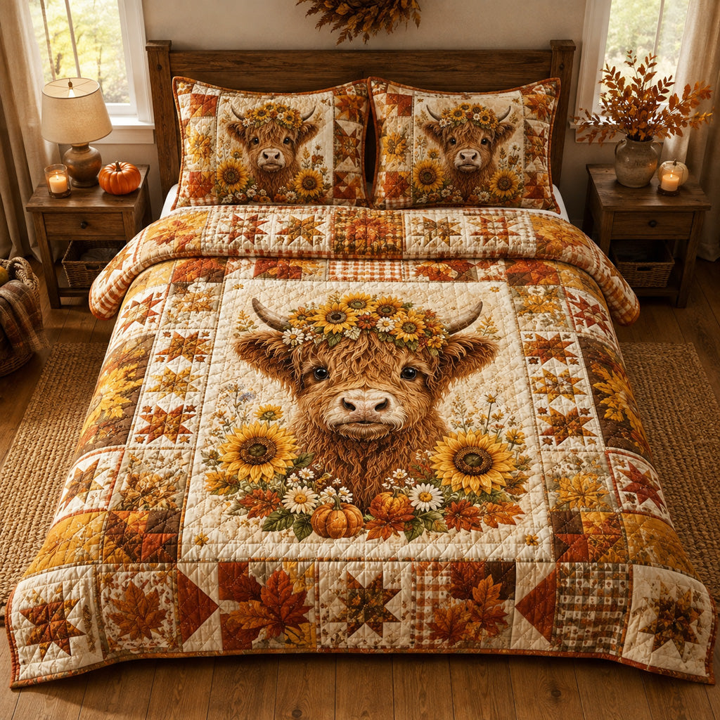 Autumn Highland Calf Quilted Bedding Set Autumn Harvest Bedspread Set Thanksgiving Gift
