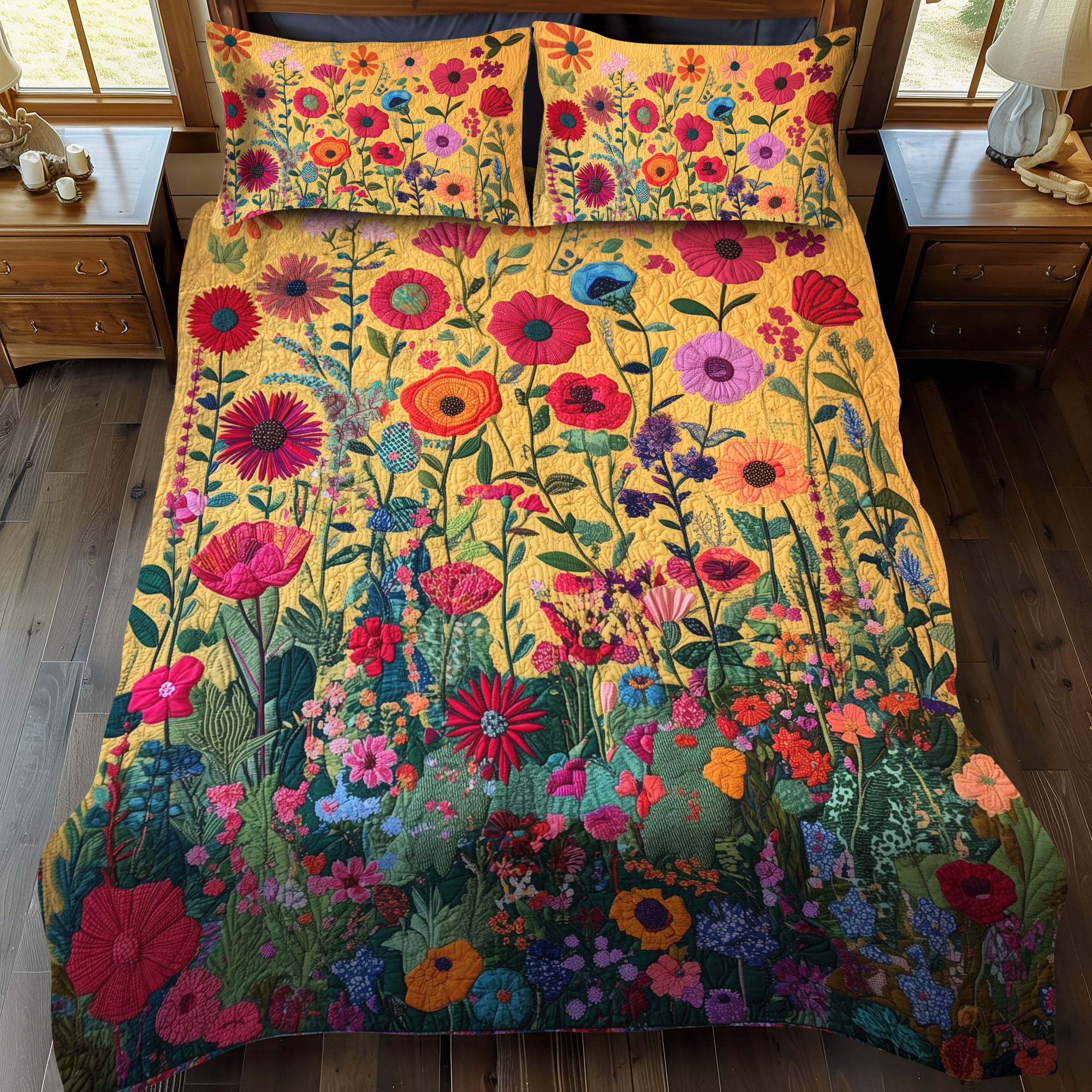 Kaleidoscopic Flowers Quilted Bedding Set Boho Floral Bedspread Set Gift For Her