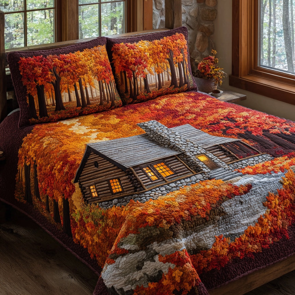 Stone Chimney Quilted Bedding Set Autumn Harvest Bedspread Set Fall Decor Gift