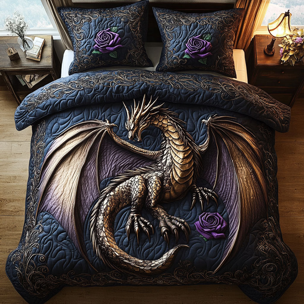 Ethereal Dragons Quilted Bedding Set Fantasy Dragon Bedspread Set Book Lover Gift