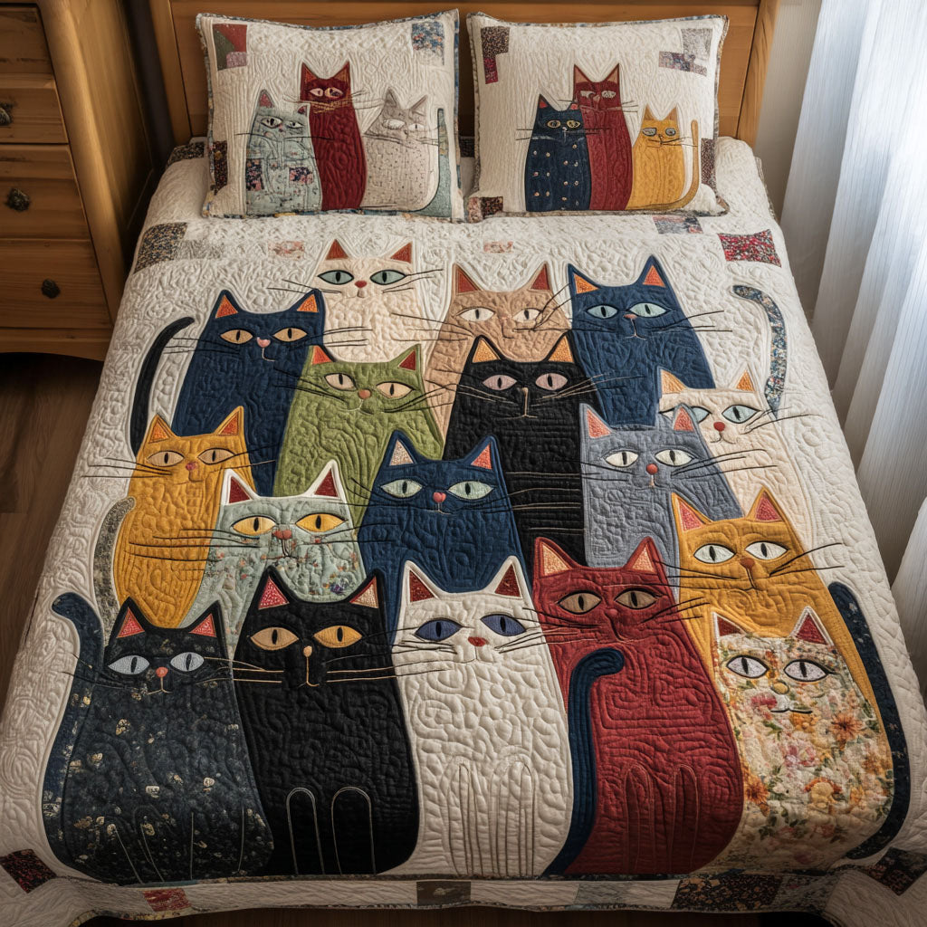 Curious Whiskers Quilted Bedding Set Cute Kitty Bedspread Set Funny Cat Gift