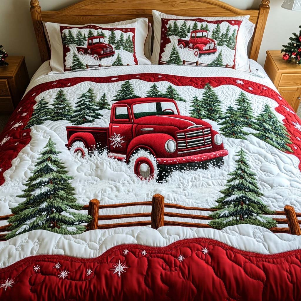Vintage Holiday Ride Quilted Bedding Set Cozy Christmas Bedspread Set Xmas Gift For Mom
