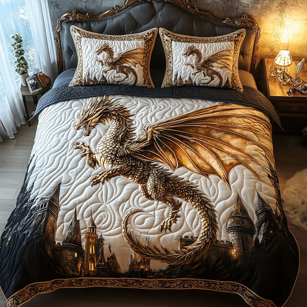 Dragonspire Dreams Quilted Bedding Set Fantasy Dragon Bedspread Set Gift For Dragon Lovers