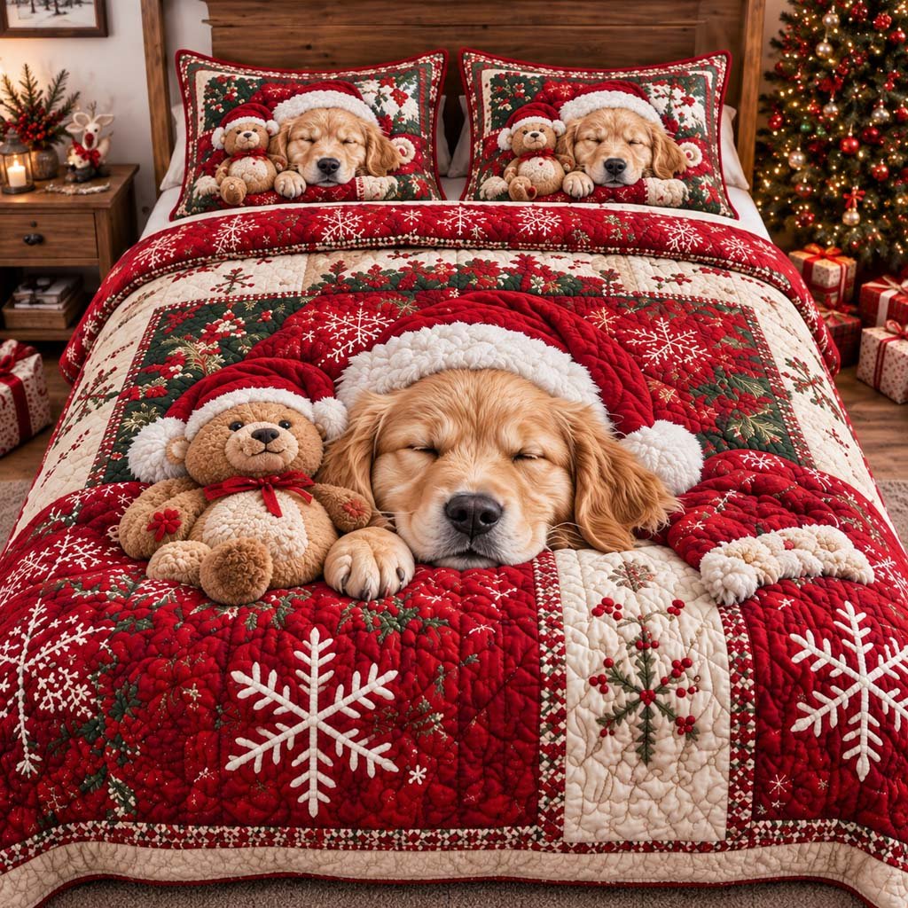 Golden Snowflake Teddy Quilted Bedding Set Funny Golden Retriever Bedspread Set Dog Mom Gift