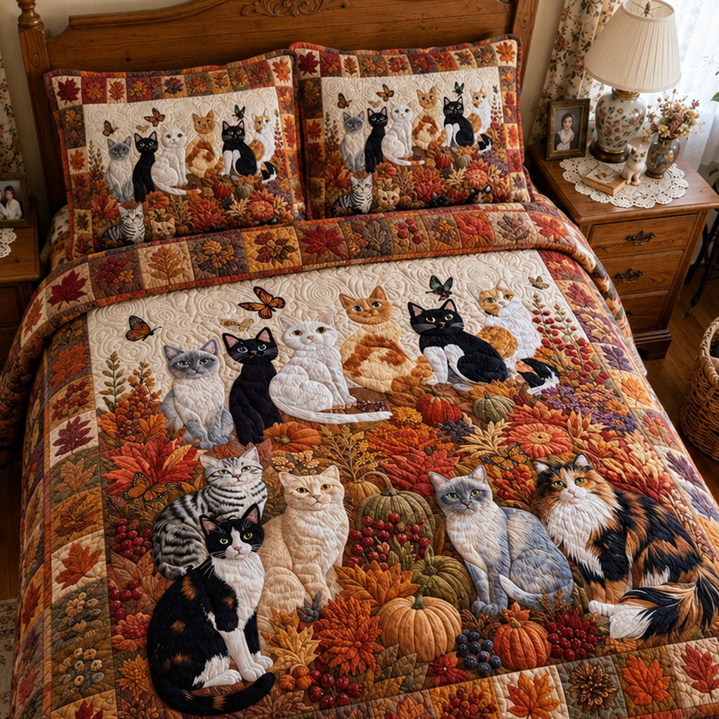 Autumn Whisker Parade Quilted Bedding Set Fall Pumpkin Bedspread Set Fall Decor Gift