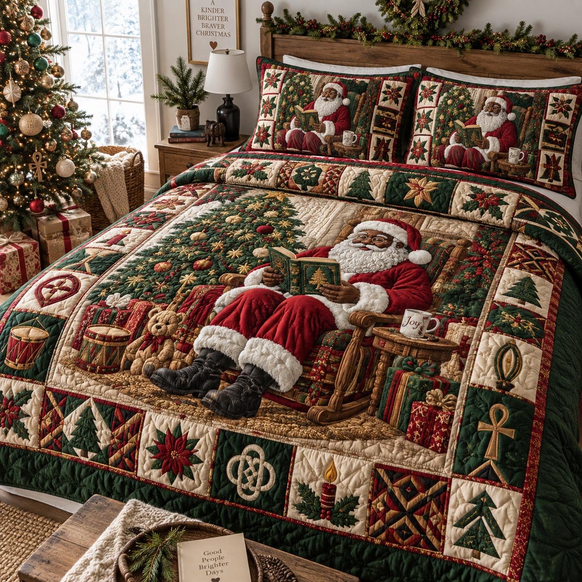 Christmas Eve Santa Quilted Bedding Set Jolly Santa Bedspread Set Xmas Gift