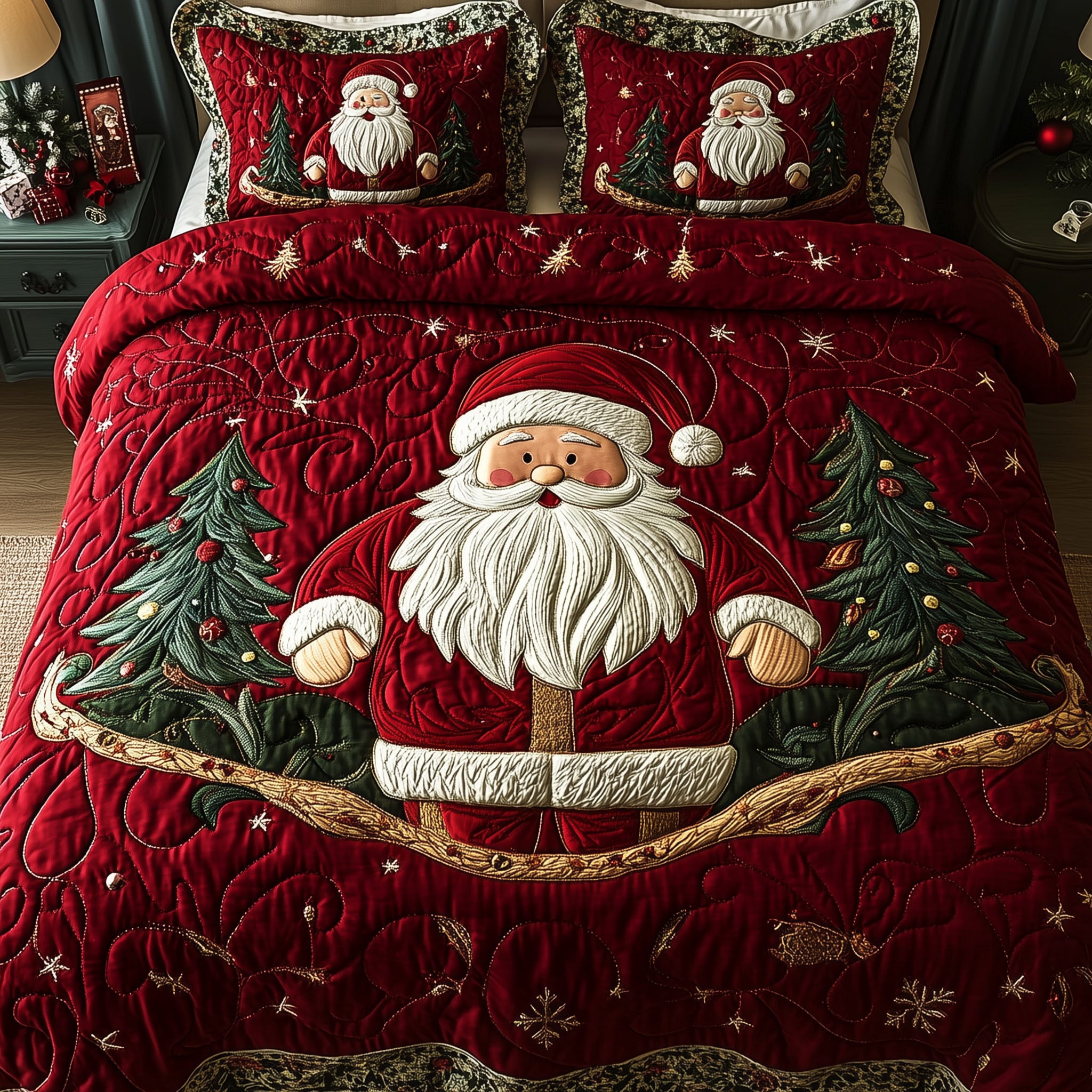 Santa Sleigh Ride Quilted Bedding Set Santa Claus Bedspread Set Holiday Gift