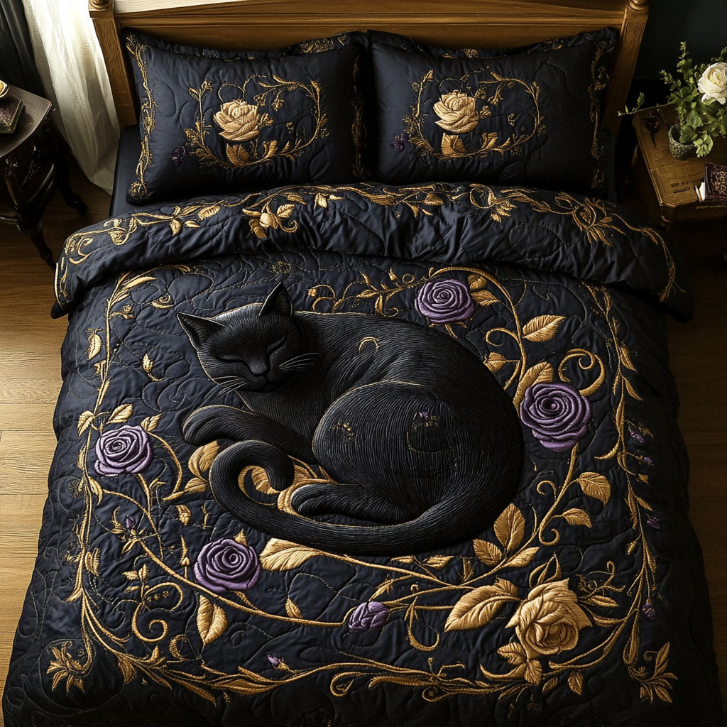 Black Rose Cat Quilted Bedding Set Gothic Floral Bedspread Set Gothic Gift