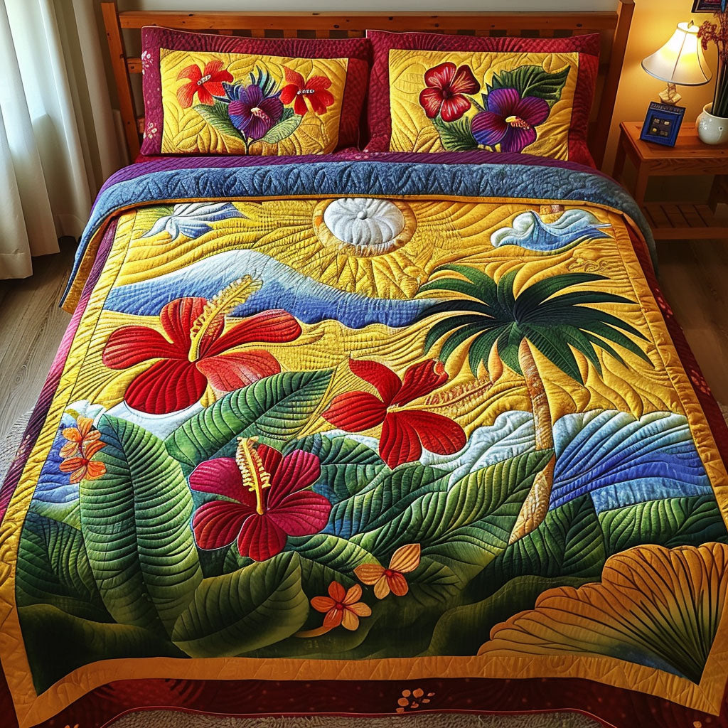 Island Sunset Hibiscus Quilted Bedding Set Tropical Island Bedspread Set Tropical Gift