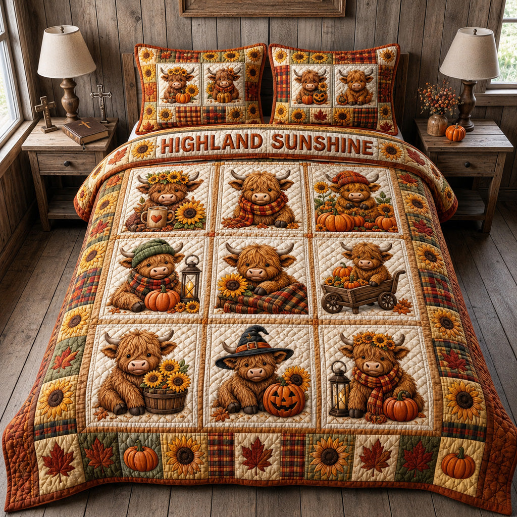 Highland Calf Sunshine Quilted Bedding Set Farmhouse Cow Bedspread Set Farmhouse Gift