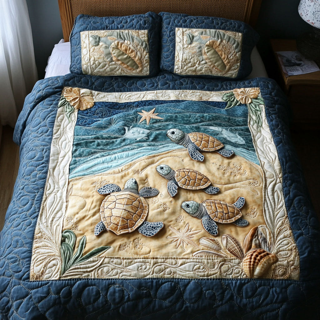 Turtles In Paradise Quilted Bedding Set Sea Turtle Bedspread Set Beach Lover Gift