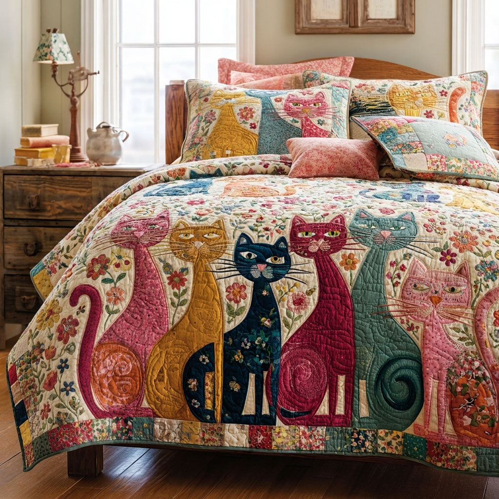 Feline Harmony Quilted Bedding Set Cat Lover Bedspread Set Pet Lover Gift