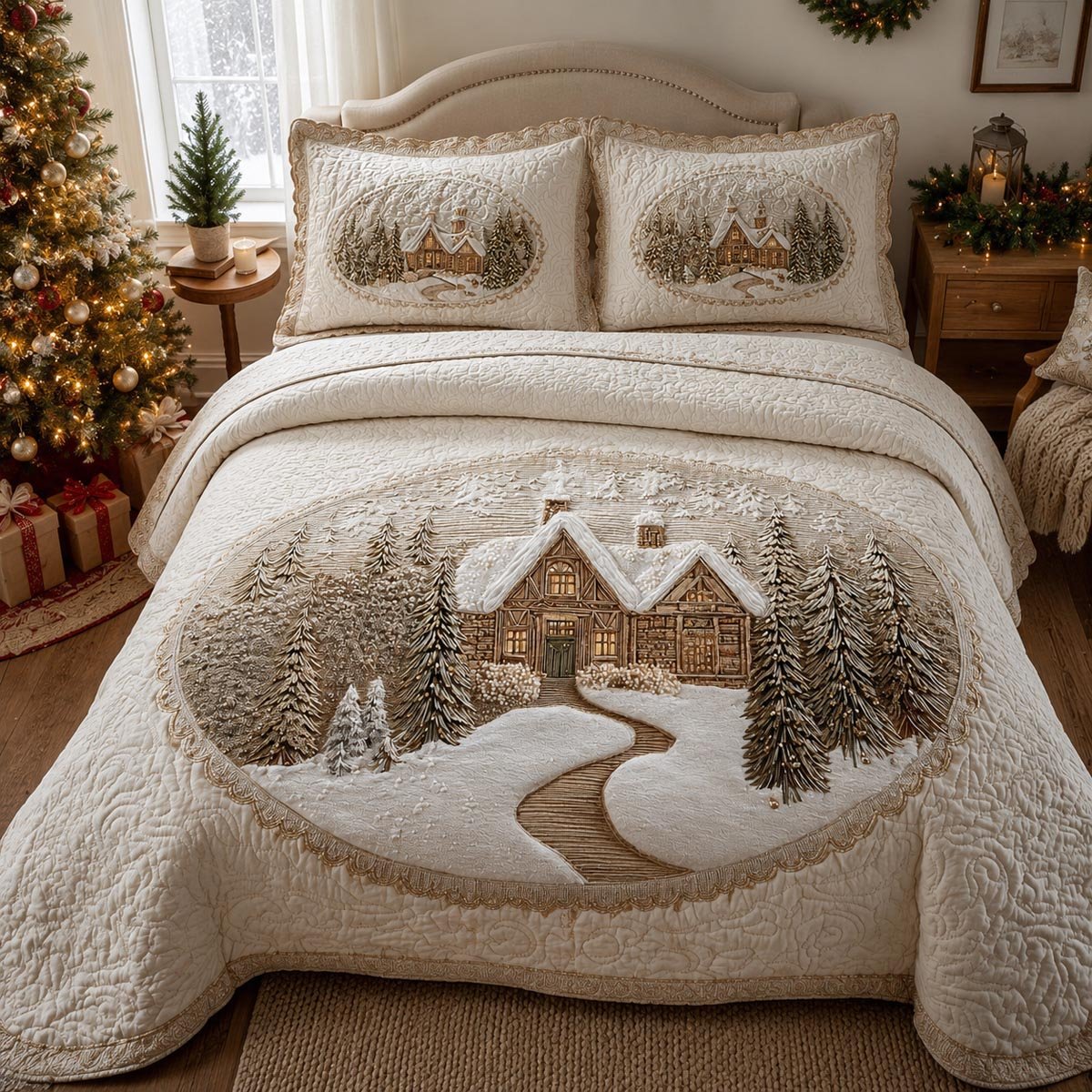 Christmas Cottage Quilted Bedding Set Farmhouse Christmas Bedspread Set Holiday Gift