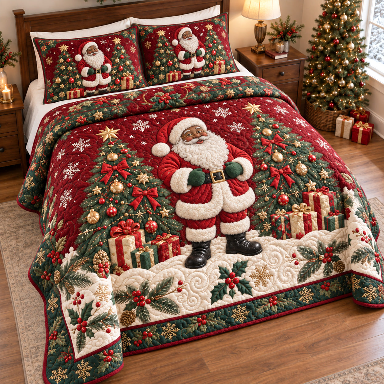 Jolly Santa Quilted Bedding Set Vintage Santa Bedspread Set Xmas Gift