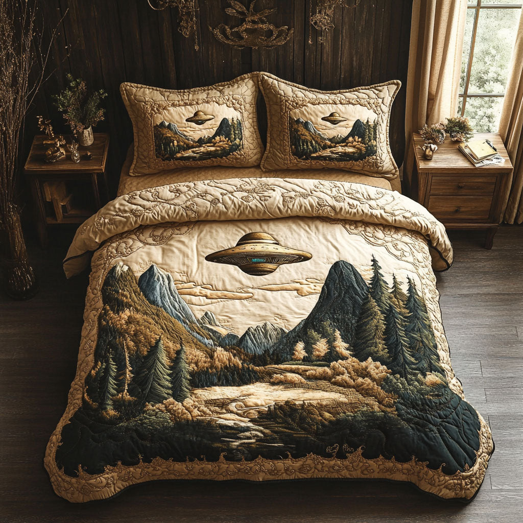 Alien Arrival Quilted Bedding Set Space Alien Bedspread Set Sci-Fi Fan Gift