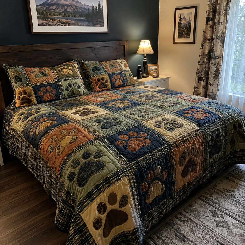 Woodland Paw Tales Quilted Bedding Set Cabin Woodland Bedspread Set Cabin Decor Gift