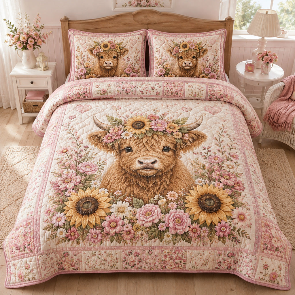 Highland Calf Blossom Quilted Bedding Set Boho Floral Bedspread Set Garden Lover Gift