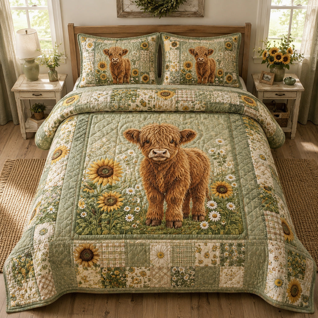 Highland Calf Meadow Quilted Bedding Set Cow Lover Bedspread Set Gift For Farmers