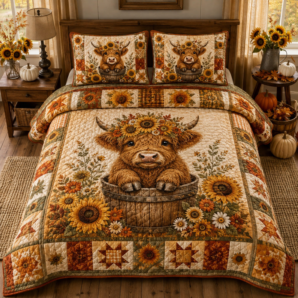 Highland Calf Haven Quilted Bedding Set Highland Cow Bedspread Set Farmhouse Gift