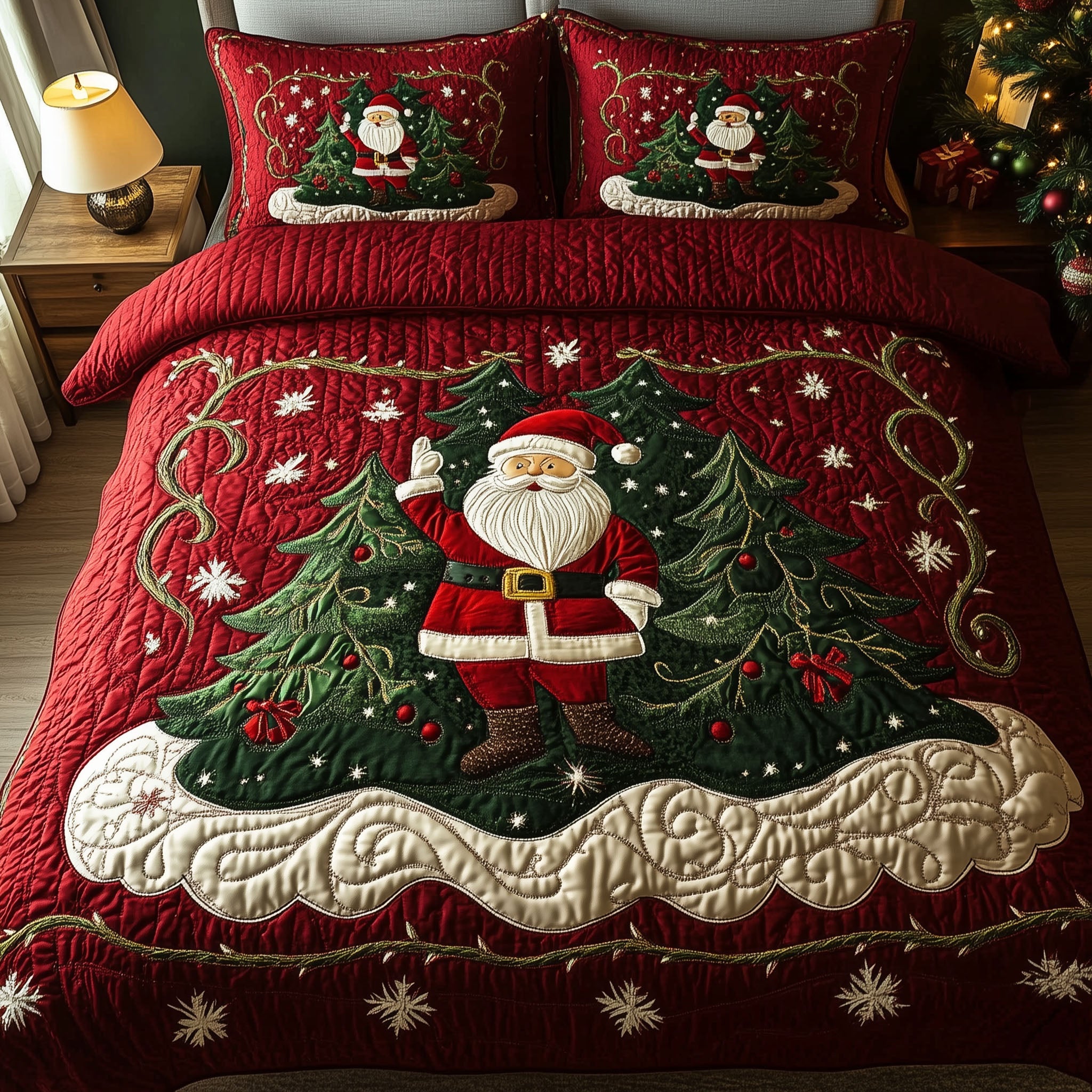 Santa Workshop Wonder Quilted Bedding Set Jolly Santa Bedspread Set Xmas Gift