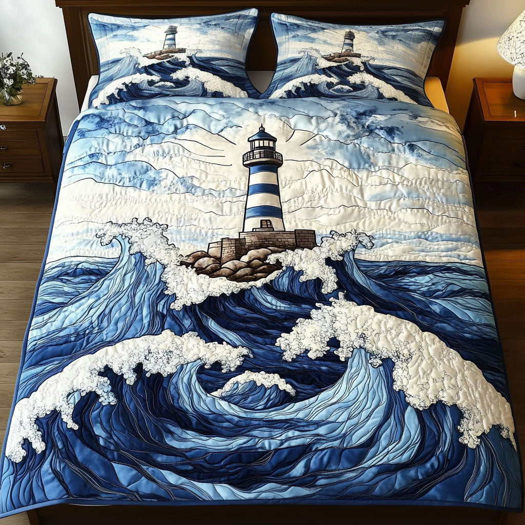 Beacon Waves Quilted Bedding Set Ocean Coastal Bedspread Set Coastal Home Gift