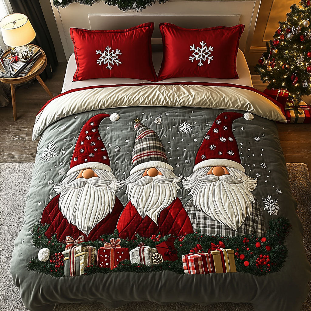 Yuletide Gnomes Quilted Bedding Set Scandinavian Gnome Bedspread Set Gnome Lover Gift
