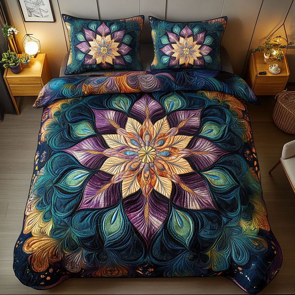 Radiant Mandala Blossom Quilted Bedding Set Boho Mandala Bedspread Set Boho Lover Gift