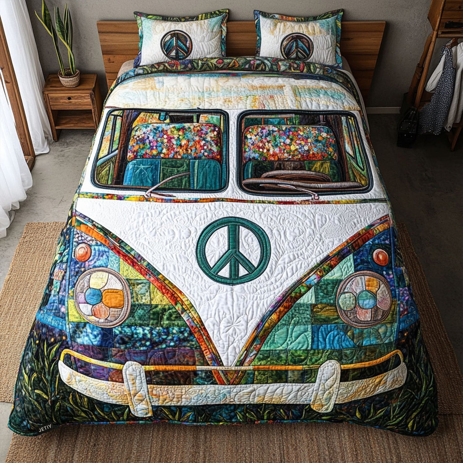 Hippie Van Haven Quilted Bedding Set Retro Hippie Bedspread Set Hippie Gift