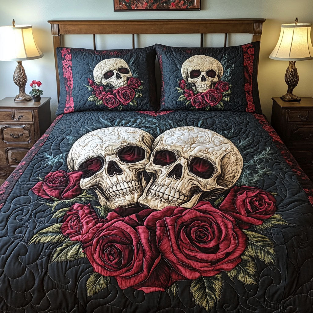 Skull Bouquet Quilted Bedding Set Sugar Skull Bedspread Set Halloween Gift