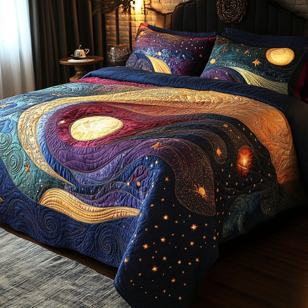 Galactic Glow Quilted Bedding Set Cosmic Space Bedspread Set Bedroom Decor Gift