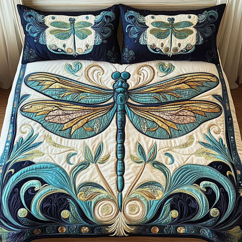 Golden Dragonfly Quilted Bedding Set Dragonfly Garden Bedspread Set Gift For Her
