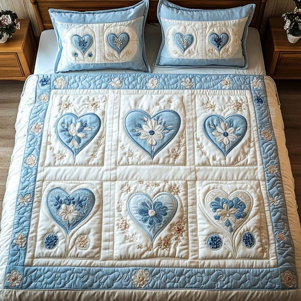 Blue Bloom Quilted Bedding Set Beach House Bedspread Set Beach Lover Gift